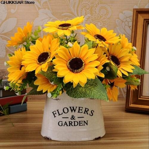 1 Bouquet 7 Heads Silk Sunflower Artificial Flower Head Fake Flowers For Wedding Car Decoration DIY Garland Decorative