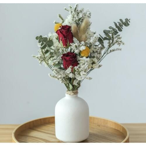 1 Set Mini Flowers Bouquet With Vase Preserved Dried Mixed Rose Daisy Babysbreath Flower Home Desktop Office Table Decoration