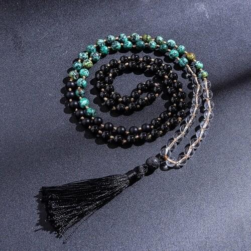 8mm Clear Quartz Black Onyx Turquesa Africana Beaded Knotted Mala Necklace 108 Rosary Meditation Yoga Japamala Jewelry