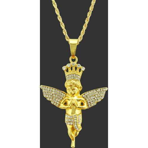 Fashion Little Angel Necklaces & Pendants Women Men Hip Hop Jewelry Statement Long Chain Metal Rhinestone Gold Necklace