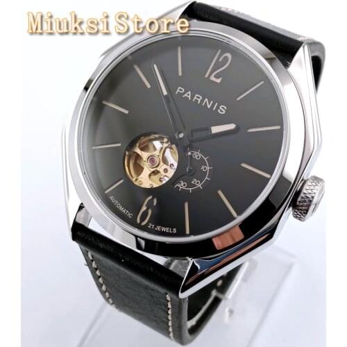 Parnis 43mm Mens Top Mechanical Watch Silver Case Sapphire Glass 21 Jewels Miyota Movement Leather Strap Mens Automatic Watch