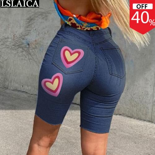Wholesale Items Womens Shorts Love Printed New Fashion High Waisted Denim Shorts Streetwear Pockets Elegance Shorts Women 2021