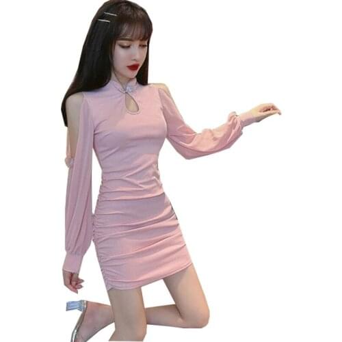 Sexy Slim Square Collar Mini Dress Hollow Out Shirring Folds Long Sleeve Buttocks Spring Women New Elegant Solid Party A24