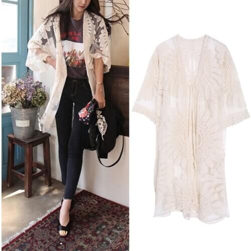 Beach Cover Up Floral Embroidery Bikini Swimwear Women Robe Cardigan BathingSuit GXMB