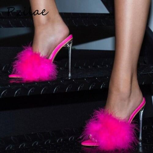 Pzilae fashion women summer sandals slip on slides ladies wedding party shoes feather peep toe transparent high heel slippers