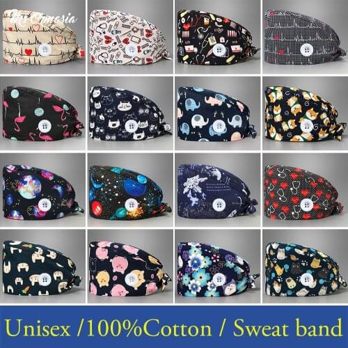 Multicolor Pure cotton scrubs hat adjustable unisex Cartoon printing caps pet store working hats Adjustable Scrub caps wholesale