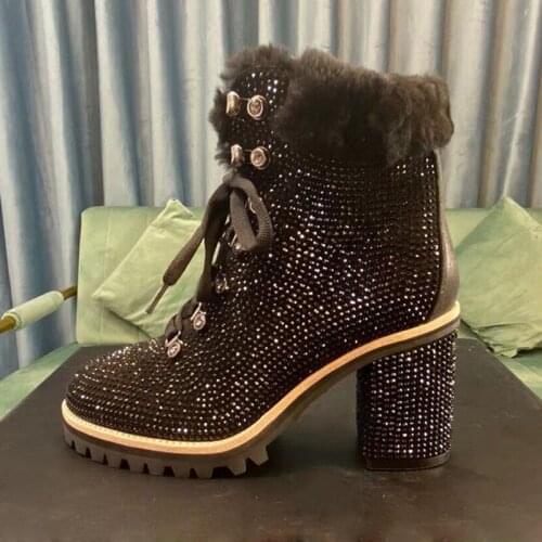 Crystal Wool Lace Up Women Boots Winter Furry Chunky High Heels Rhinestone Studded Platform Ankle Boots Blingbling Runway Shoes