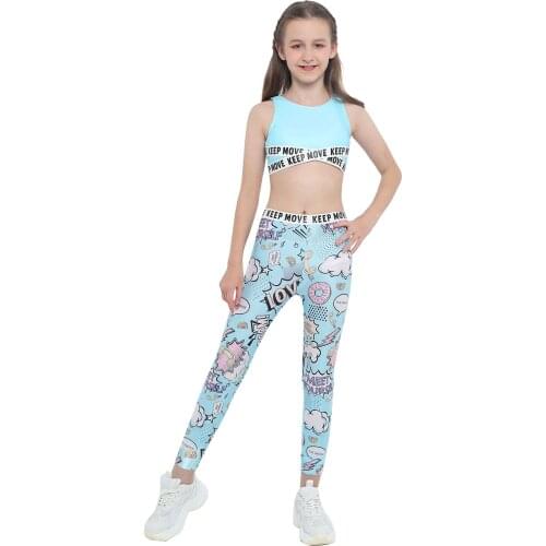 Fitness Outfit Kids Girls Gym Sport Suit Sleeveless Print Crop Top Cartoon Graffiti Print Pants Trousers Set Children Tracksuit