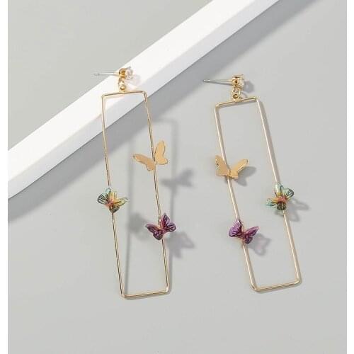 U-Magical Simple Purple Green Enamel Butterfly Dangle Earrings for Women Gold Metal Hollow Square Geometric Earring Jewelry Gift