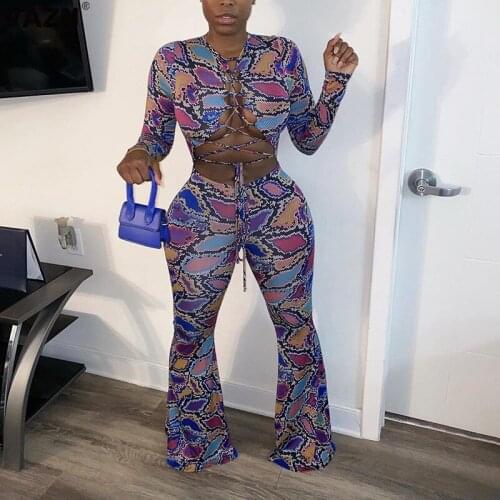 VAZN 2020 Top Quality New Special Sexy Club Hollow Out Cross Bandage Open Top Full Sleeve Women Skinny Flare Jumpsuit