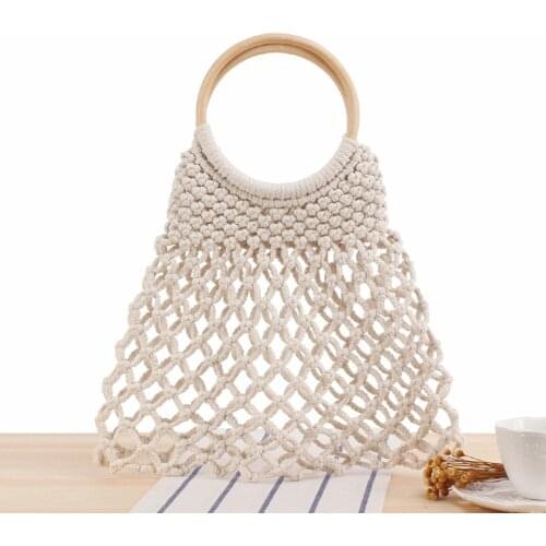 Pure Color Woven Tote Trendy Straw Beach Bag Degrees Handmade Cotton String Net Pocket Handbags for Women 2021 Designer Luxury
