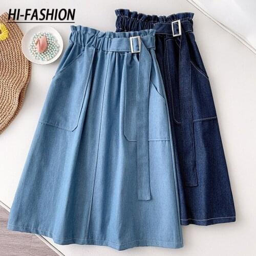 Women A Line Skirt Big Pocket Buckle Korean Style Denim Jeans Skirts Spring Summer Elastic Bract Waist Female Midi Skirt