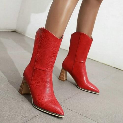 Big Size 34-43women Western Boots PU Leather Ladies Ankle Boots Square High Heel Pointed Toe Women Shoes Short Plush Winter Boot