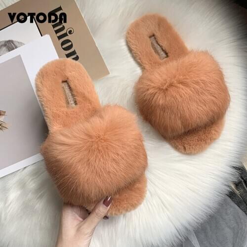 Women Fluffy Faux Fur Slippers Furry Home Slides For Woman Sweet Cute Flip Flops Winter Warm Soft Slippers Ladies Cotton Shoes