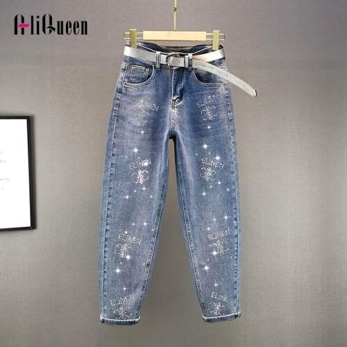 Korean Vintage Streetwear Women Letter Beading Pencil Jeans Pants Femme Long Sequined Denim Pant Woman Trousers Plus Size