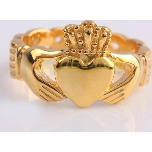 Hollow Gold Color Tiara Love Heart Ring Crown With Hand Women Stainless Steel Ring Gift