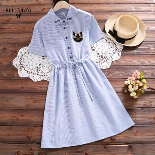 Mori Girl Summer Striped Dress 2019 New Fashion Women Cat Embroidery Vintage Dresses Short Sleeve Femme Vestidos S-xxl Blue Pink