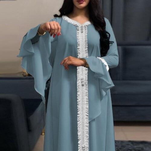 2021Summer Ramadan Clothing Jalabiya Kaftan Chiffon Dress For Women Dubai Turkey Flared Sleeves Loose Muslim Arabic Islamic Robe