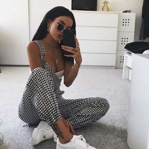 2021 Fashion Women Jumpsuits Plaid Casual Long Overalls Ladies Fashion Long Pants Trousers Plus Size XXL