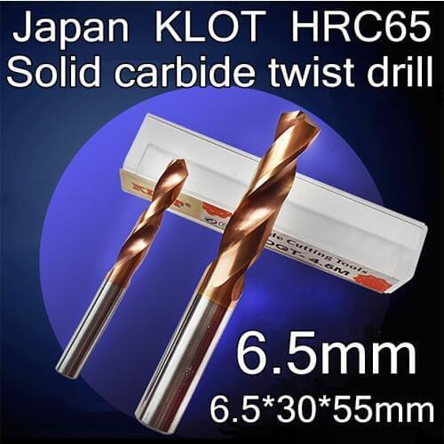 6.5*30*55mm 2pcs/set Japan KLOT HRC65 coating Solid carbide twist drill processing Hardness 65 degrees following materials