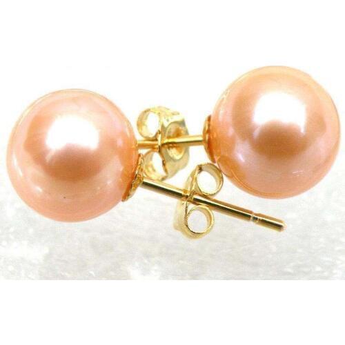 AAA+++ Perfect Round 8.5mm Pink Akoya Pearl Earring Stud 14K Yellow Solid Gold