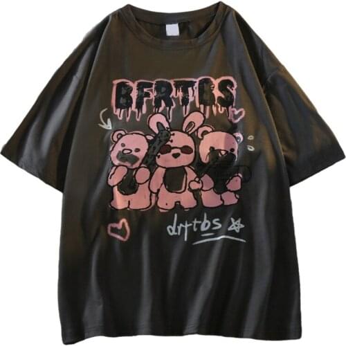 ZuoLunOubB Summer Casual Japanese Women T Shirt Loose Print Harajuku Cartoon Image Animal Rabbit Family Dark Gray Tops Female