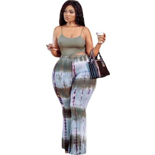 Tie-Dye Printing Women Casual Two Piece Sets 2021 Summer Ladys Plus Size Spaghetti Strap Tank Tops Skinny Flared Pants Outfits
