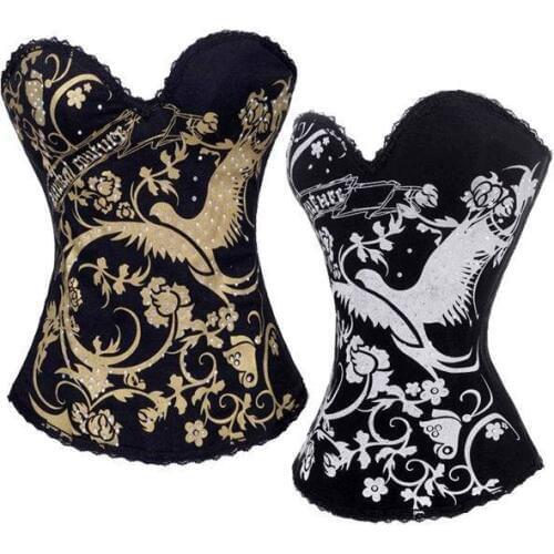 Bird Printed Corset With White Bird Butterfly Flower Image 3S3019 Black Satin Corset Body Slimming Corset