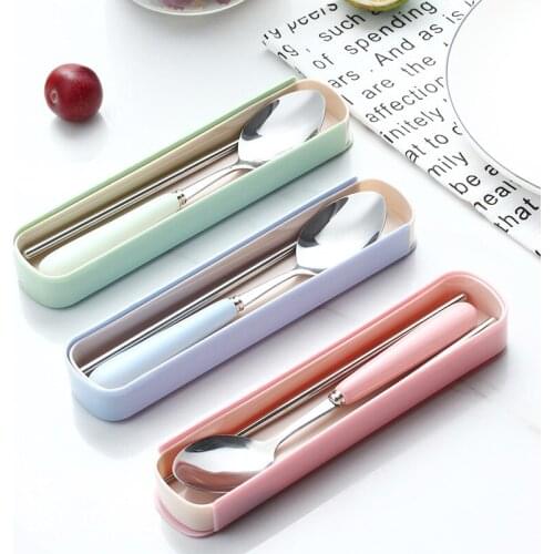 Creative stainless steel spoon chopsticks two-piece set ceramic handle portable chopsticks spoon set candy color gift tableware