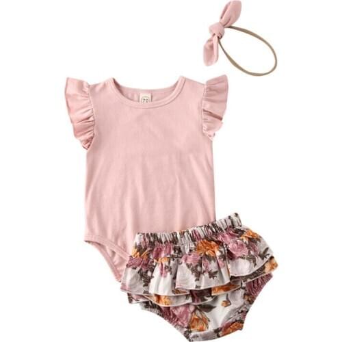 Baby Girls Summer Clothing 0-18M Cotton Short Sleeve Bodysuit Tops Ruffles Floral Baby Bloomers Shorts Headband 3PCS Set