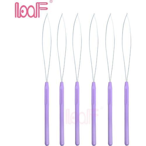 LOOF 12 pcs Hair Extension Hook Pulling Tool Needle Threader Micro Rings Beads Loop Wooden Handle With Iron Wire Purple