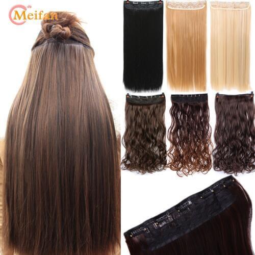 MEIFAN 60cm Long Straight/Curly Wavy Clip in Hair Extension Synthetic Black Brown Natural Fake Hairpiece for Women
