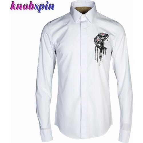 Slim Casual Shirt men 2019 Elegant Flower Embroidery long sleeve Solid Chemise homme Brand quality Cotton Business male shirts