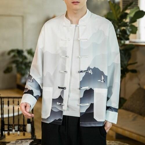 Men Traditional Chinese Style Print Crane Loose Robes Shirts Tang Suit Retro Oriental Fashion Cardigan Blouse Qipao Tops KK3496