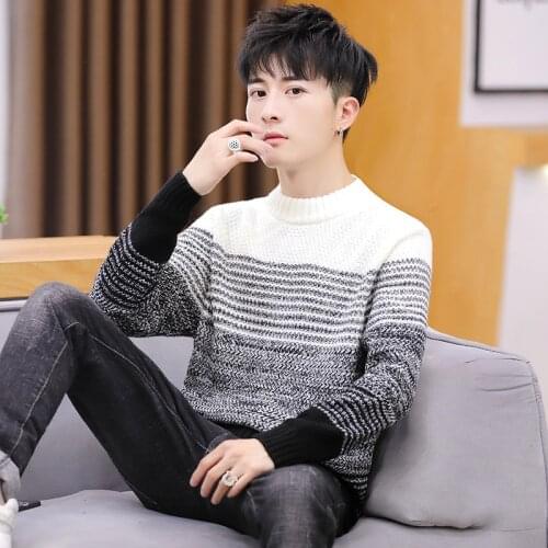 Mens Thick Sweater Brand Mens Round Neck Slim Knit Sweater Winter Mens Sweater Pullover Korean Slim Color Block Sweater