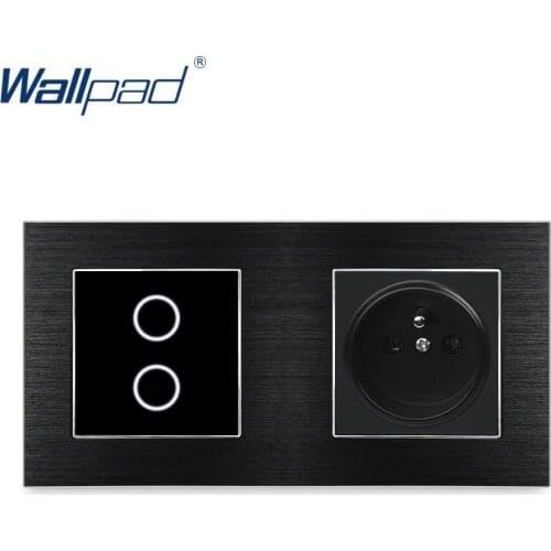 Wallpad 2 Gang 2 Way Switch Wall Touch Switch With EU French Socket Luxury Black Button Aluminium Alloy Satin Metal Panel