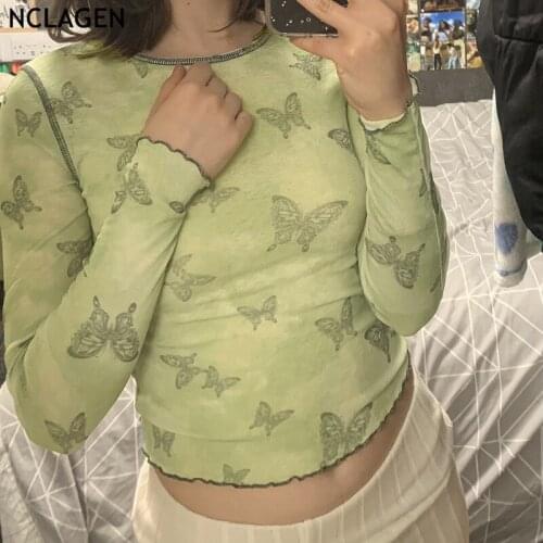 NCLAGEN 2021 Women T Shirt Butterfly Print Long Sleeve Slim Fitness Navel Bare Crop Top Streetwear Casual T-shirts Female Tees