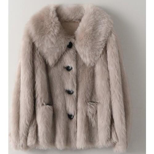 New Grain Sheep Shearer Womens All Wool Fur Coat In The Spring of 2021 Loose Turn Down Collar Real Thick Warm Fur Jacket