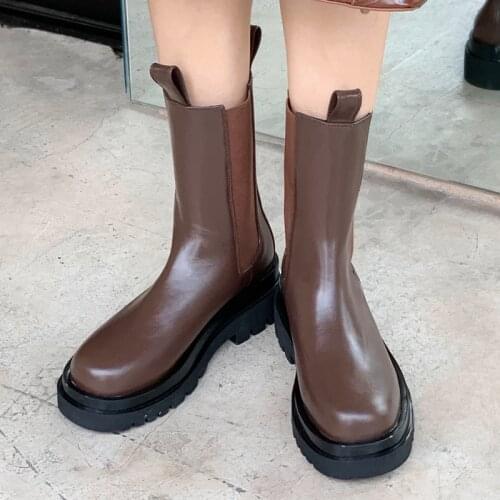 2020 New Womens Handmade Genuine Leather Chunky Platform Short Boots Comfortable Stretch Slip On Round Toe Autumn Winter Boots