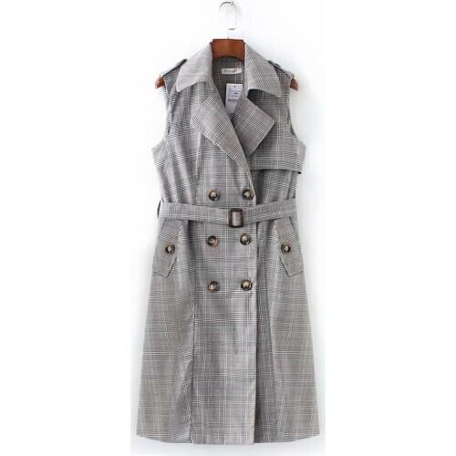 Autumn Gray Plaid Trench Coat Women Temperament Double-breasted With Belt Casual Windbreaker Mujer Cotton Vest Trench Coat Z814