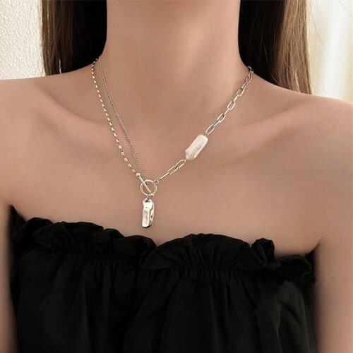 ALLNEWME Hip Hop Irregular Natural Freshwater Pearl Necklaces for Women Asymmetric Beads Chains Titanium Steel Necklace Choker