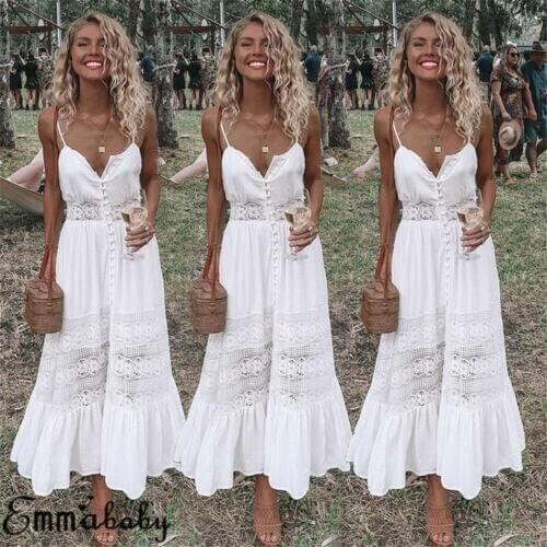 Womens 2019 Summer Boho Lace Floral Dress Evening Party Beach Dresses Sleeveless Sundress Holiday
