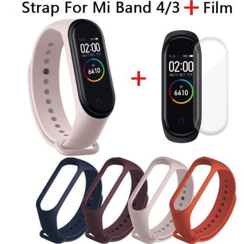 For Xiaomi Mi Band 4 Bracelet Strap Silicone Wristband Screen Protector Film Pink Strap On Xiomi Mi Band 4 3 Band4 Tempered Glas