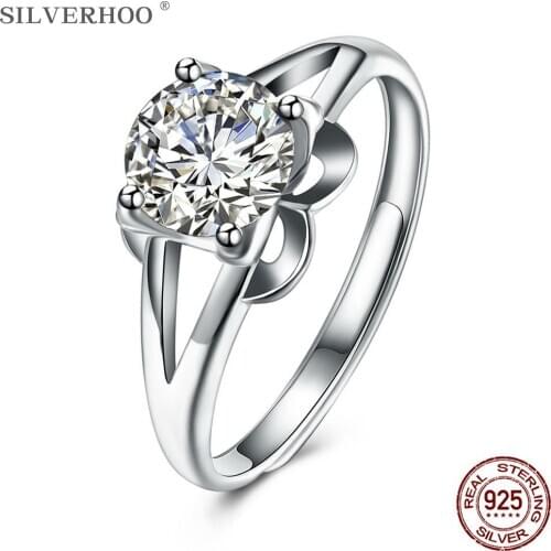 SILVERHOO 925 Sterling Silver Adjustable Rings For Women Round Shining 5A+ Zircon CZ Wedding Engagement Ring Wholesale Jewelry