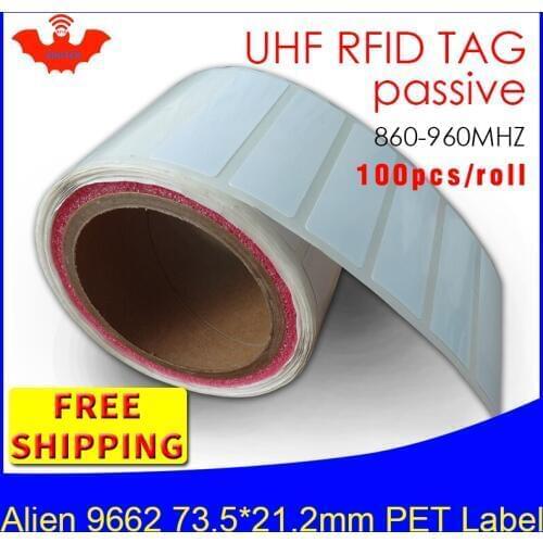 UHF RFID tag EPC 6C sticker Alien 9662 printable PET label 915mhz868mhz Higgs3 100pcs free shipping adhesive passive RFID label
