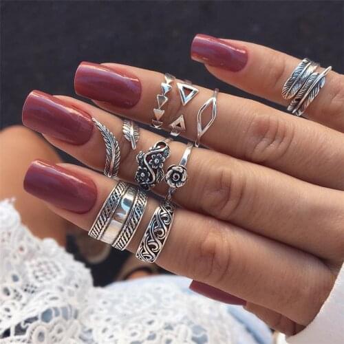 Vintage Silver Color Feather Flower Geometry Ring Sets For Women New Boho New Adjustable Fashion Rings Female Valentine Gift