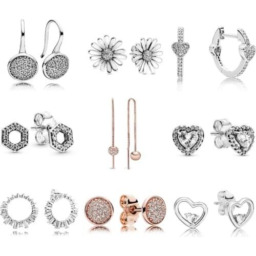 Authentic 925 Sterling Silver Earring Pave Daisy Flower Statemen Stud Earrings For Women Wedding Gift Pandora Jewelry