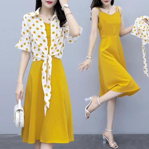 Summer Casual Polka Dots Yellow Shirt + Simple Button Midi Strap Dress Women 2 Piece Sets Female Plus Size 5XL Lady Suit Y532