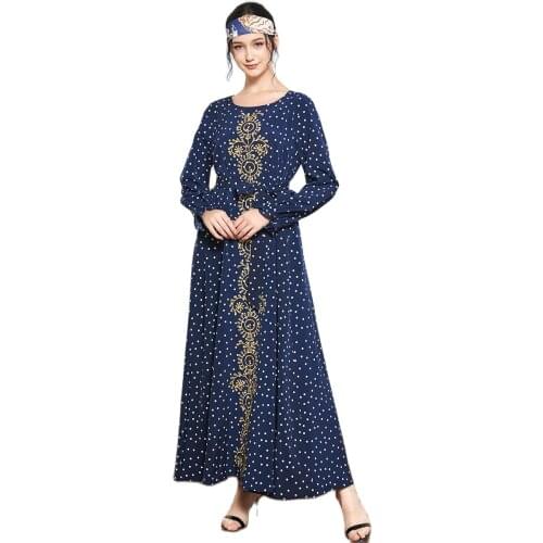 For Ladies Femme Mc9639 Womens Fashion Gold Embroidery Wave Dot Printing Long Sleeve Muslim Elegant Casual Dress