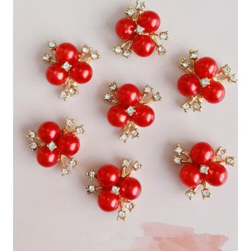 10 pcs/lot Alloy Flower Gold Red Pearls Rhinestone Buttons For Clothing Ornaments Earrings Choker Hair DIY Jewelry Accessories